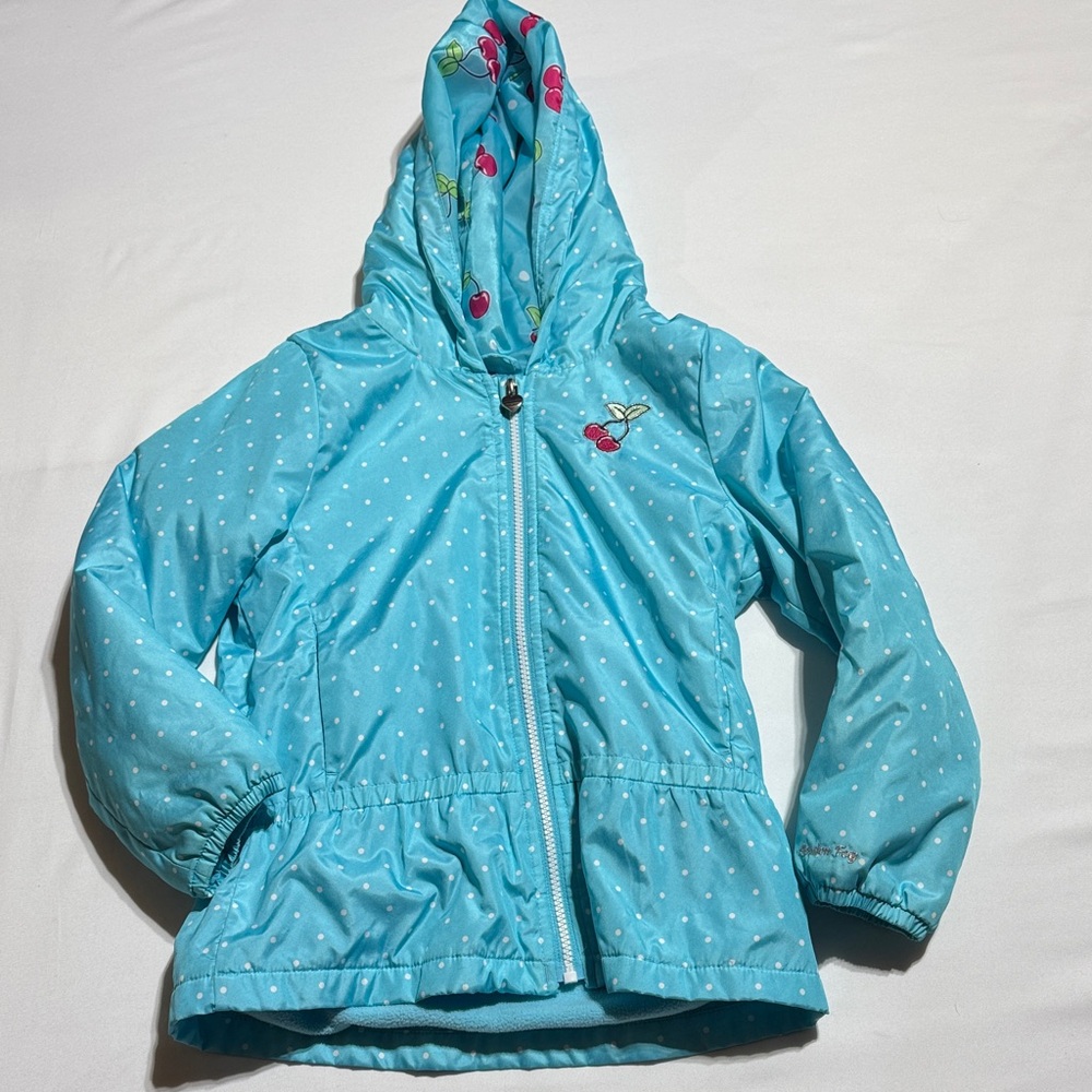 London Fog Light Blue Raincoat with Polka Dots and cherry patch